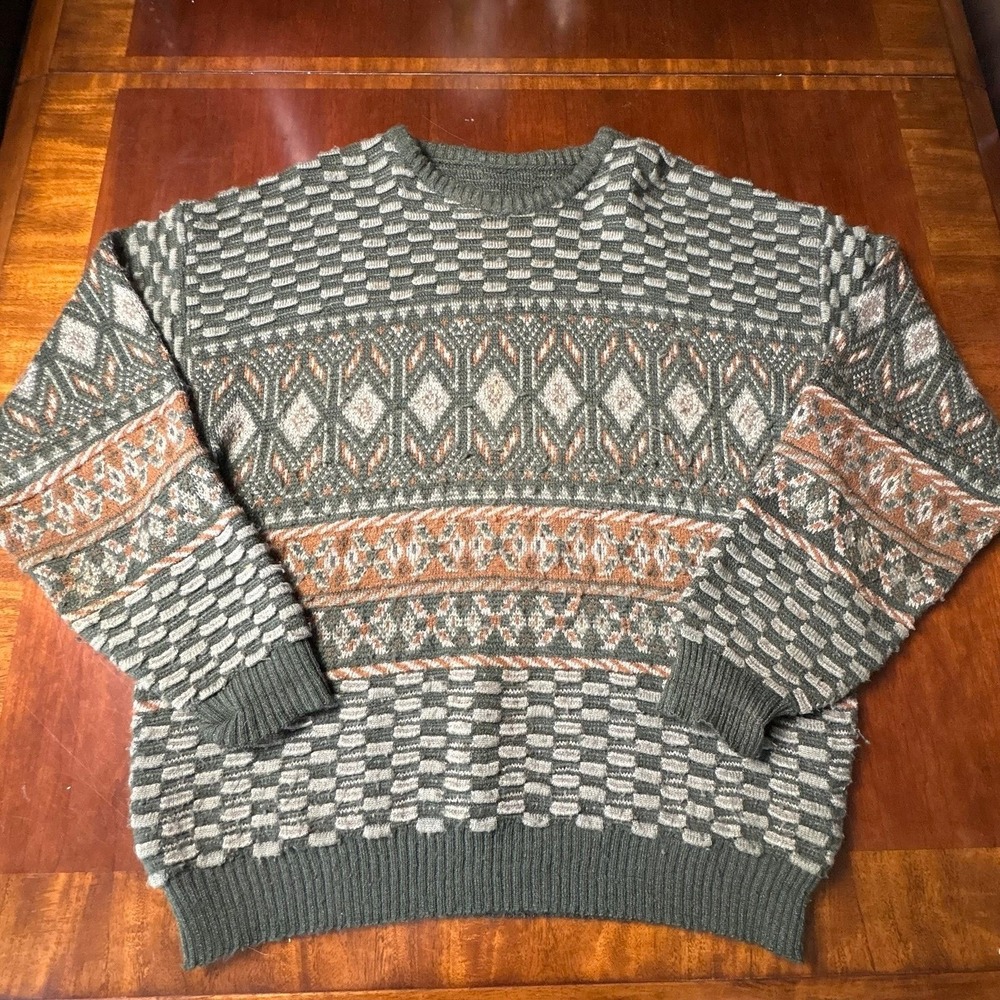 Vintage Green Textured Knit Sweater Gray XL